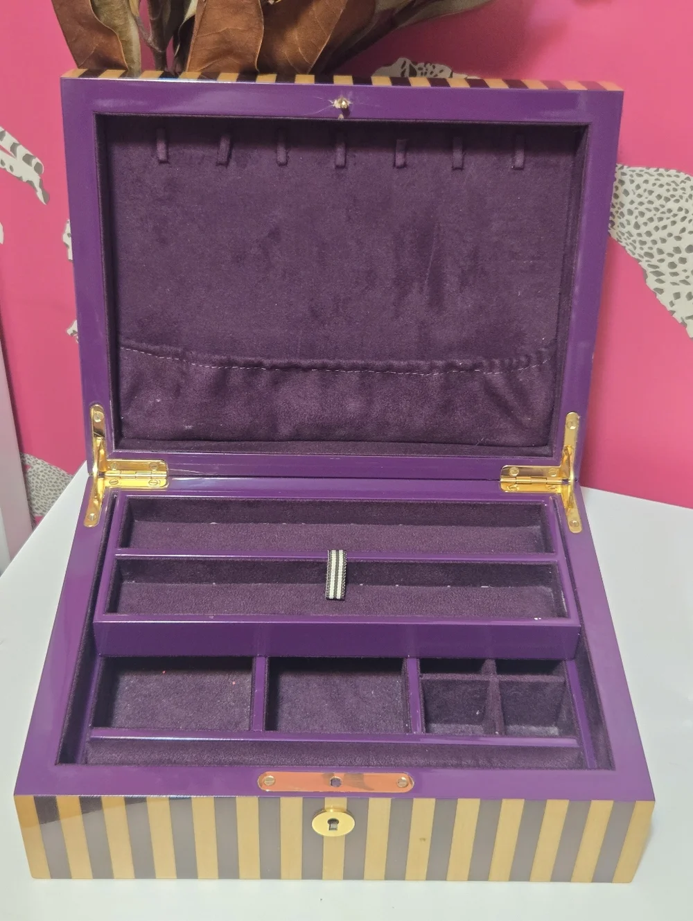 Vintage Henri Bendel Wood Brown Stripes Jewelry Organizer Storage Box